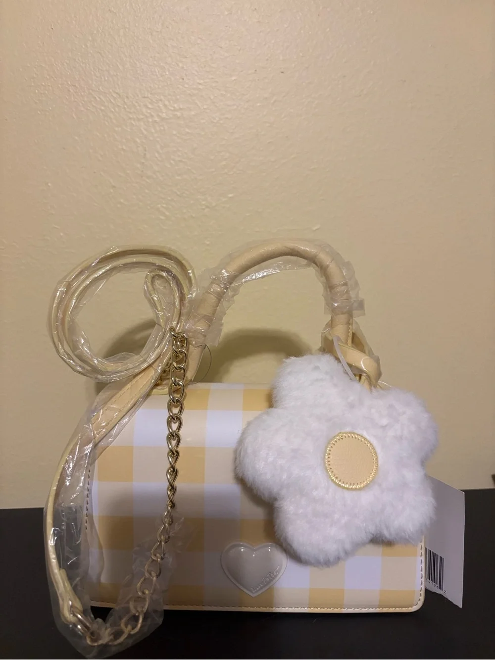 Betsey Johnson Yellow Gingham Crossbody with White Flower Charm